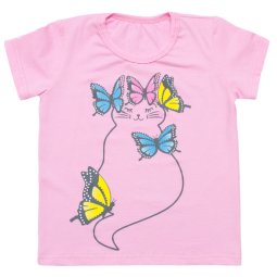 Футболка для девочки Модель 2255-452 Розовый Кошечка с бабочками