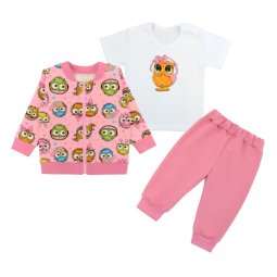 Костюм тройка для девочки двухнитка 7254-363 Розовый Совы